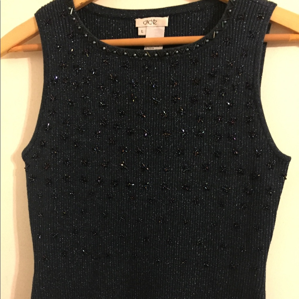 Need some BLING? Dark blue beaded CACHE Tank Top!
